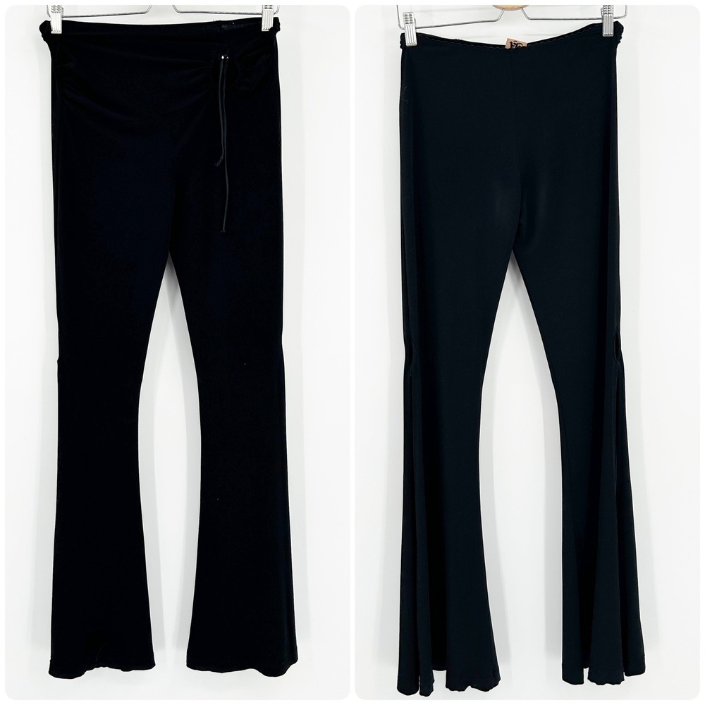 YA Womens‎ Black Split Flare Leg Pants Drawstring Cutout Waist Sexy Y2K Style